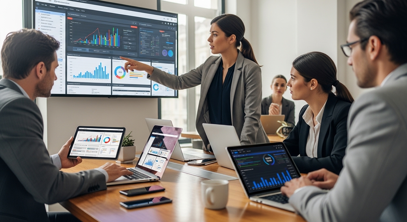 Equipo de gestoría analizando datos en software especializado ERP