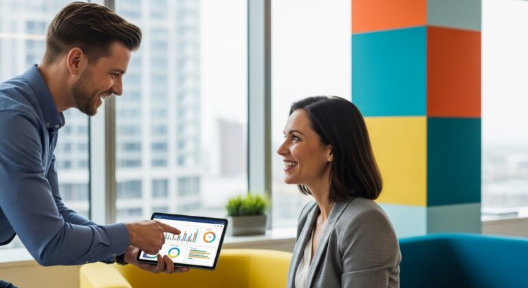 Gestoría moderna utilizando software especializado para asesorías con tablet y cliente